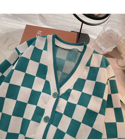 Korean retro versatile casual V-Neck long sleeve Plaid top  6559