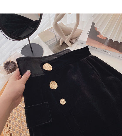 Irregular personality button high waist black A-line skirt  5562