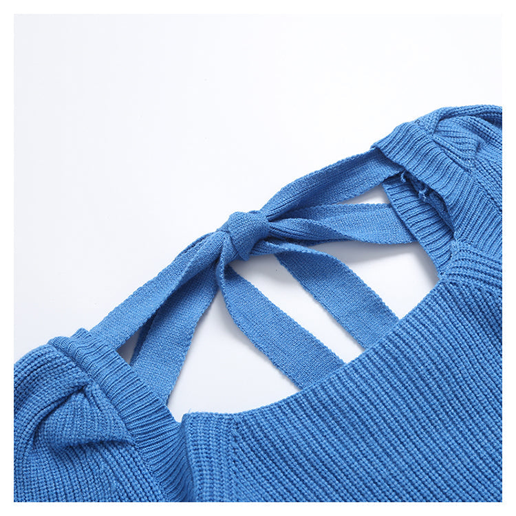 Vintage square neck bow tie lace up bubble sleeve T-shirt  7292