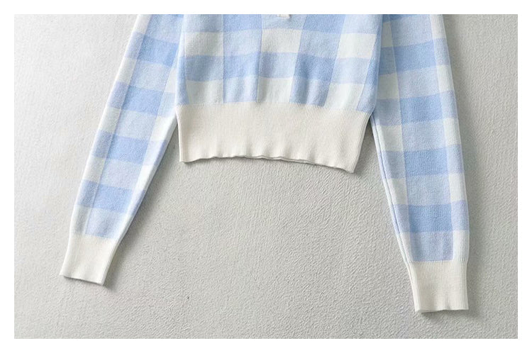 Vintage chessboard Plaid Polo neck T-shirt  7394
