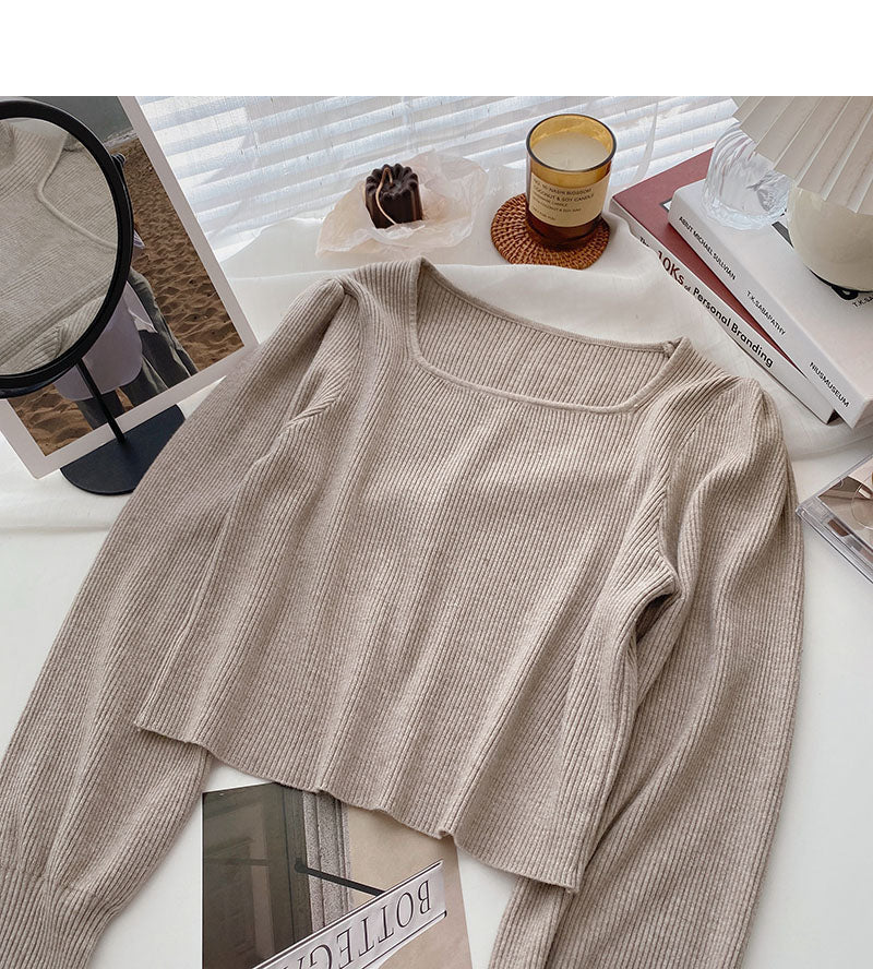 Small man's sweater solid color square neck long sleeve short top  6589
