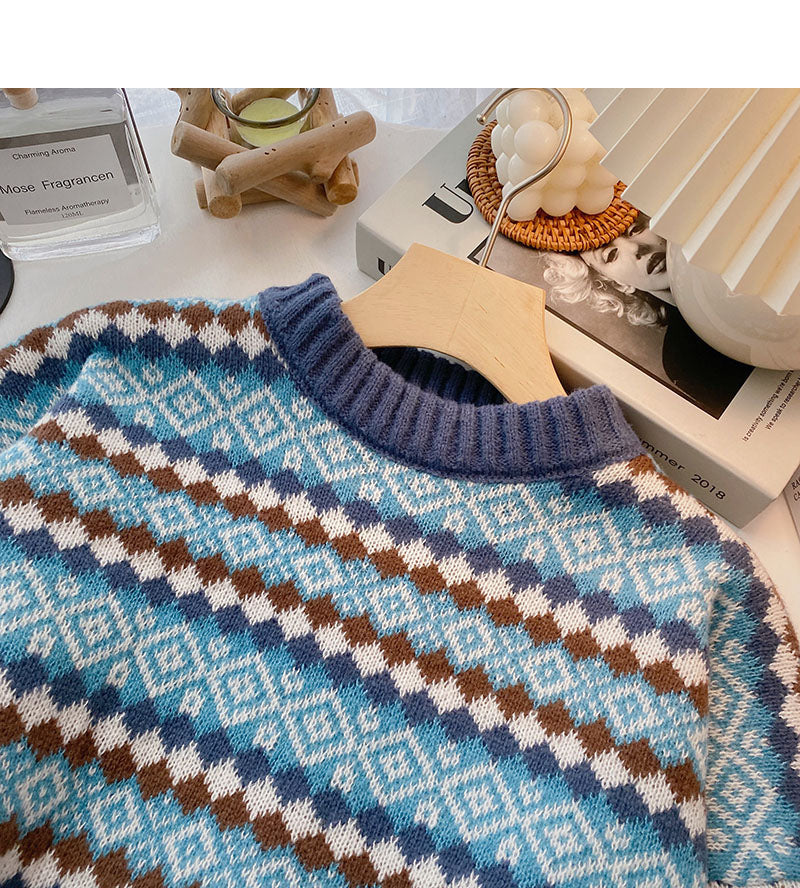 Vintage jacquard contrast Pullover long sleeve sweater  6107
