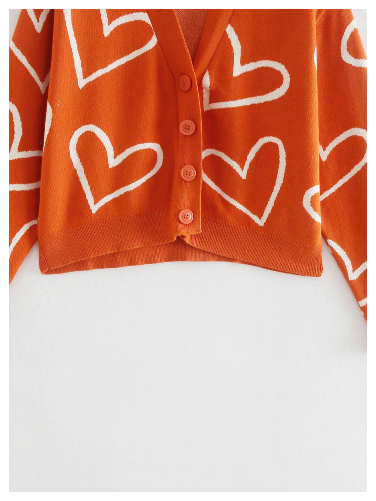 V-neck love jacquard short knitted cardigan  7416