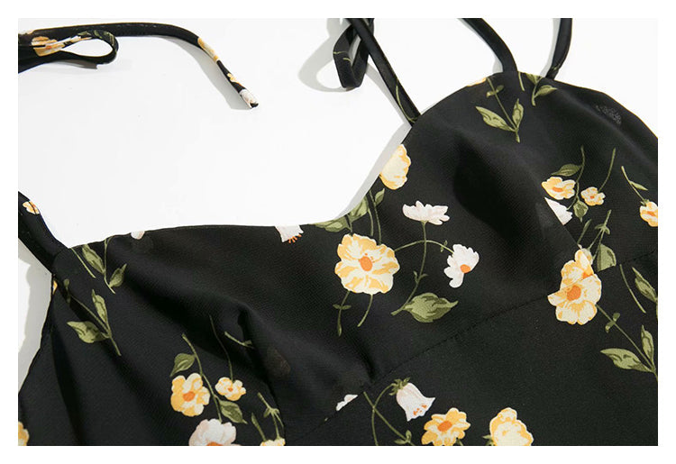 French retro floral black long waist over knee sexy light cooked  7141