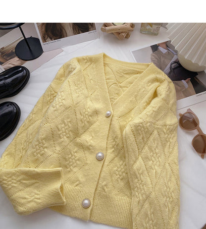 French retro pearl button V-Neck long sleeve top  6125