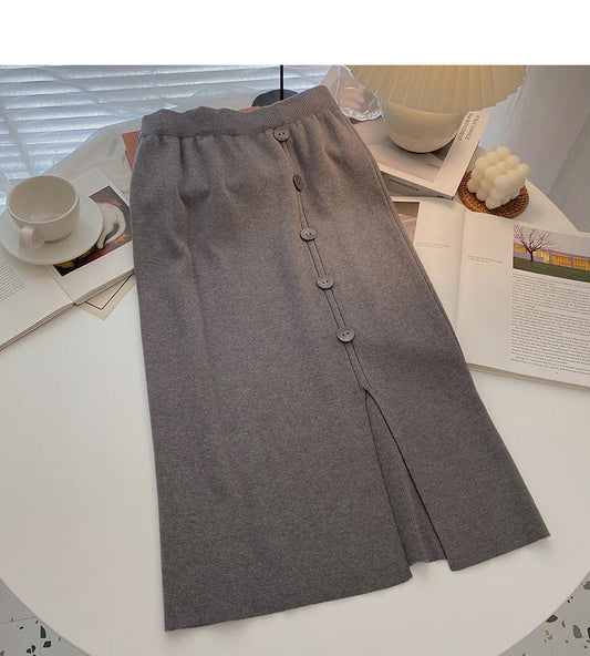 Design sense single breasted split A-line slim Knit Skirt  5741