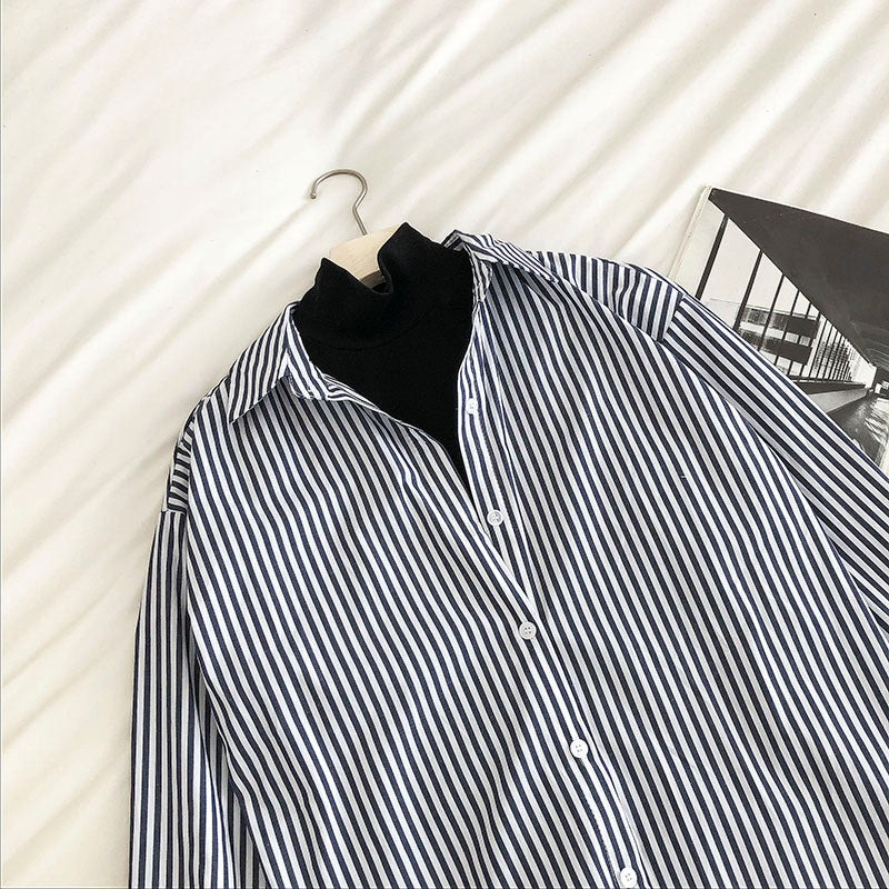 Simple striped single breasted contrast fake two loose long sleeved women's shirt  6244
