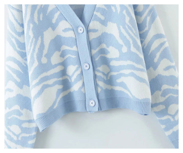 Horse jacquard long sleeve sweater lazy retro V-neck knitted cardigan  7265