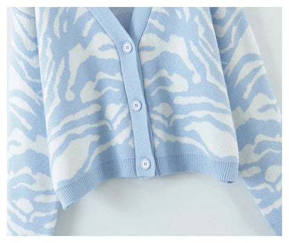 Horse jacquard long sleeve sweater lazy retro V-neck knitted cardigan  7265