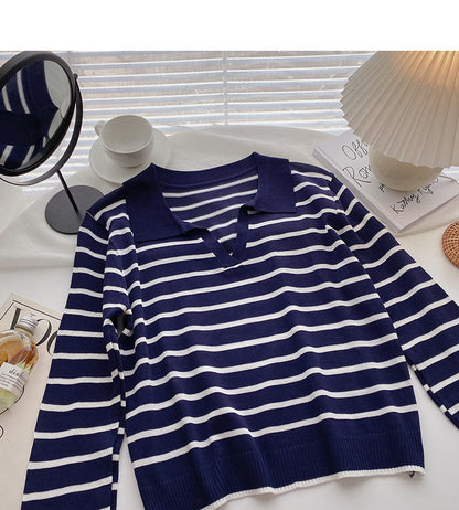 Long sleeve loose stripe Lapel Pullover Top  6452