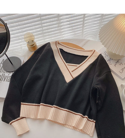 Long sleeve T-shirt retro contrast V-neck short temperament top  6551