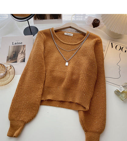 Vintage design chain round neck Pullover long sleeve Sequin Knitted Top  6010