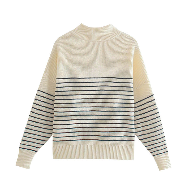 Versatile loose lazy high neck striped sweater  7343