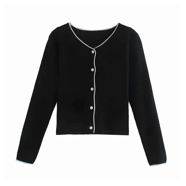 French V-neck lace contrast slim fit short knit sweater  7263