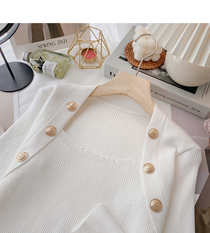 New Korean slim slim fit square neck double row button top  6627