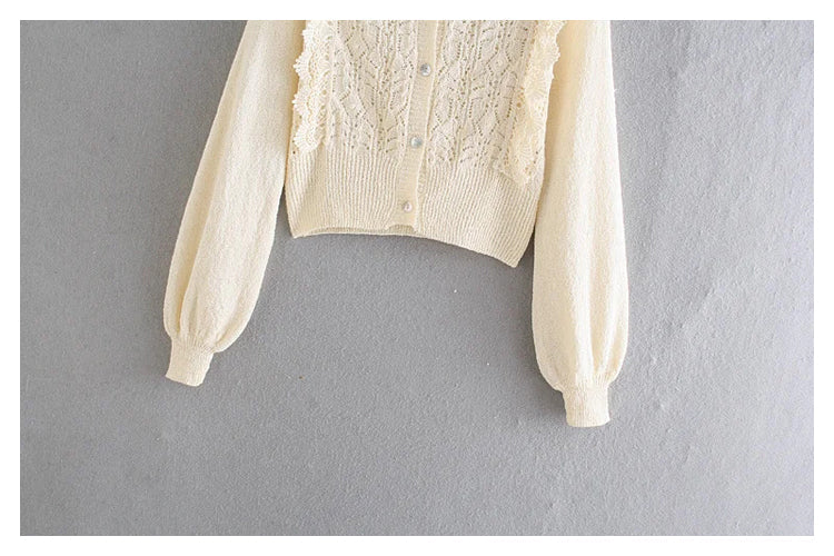 Vintage hollow out crew neck Ruffle button knit cardigan sweater  7366