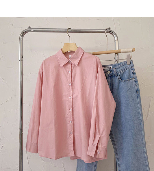 Long sleeve solid color shirt basic loose cardigan top  6423