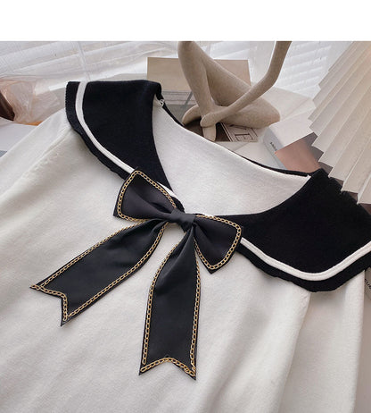 Long sleeved sweater personalized bow Navy collar top  6597