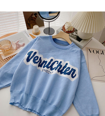 Letter contrast loose lazy long sleeve Pullover Sweater  6016