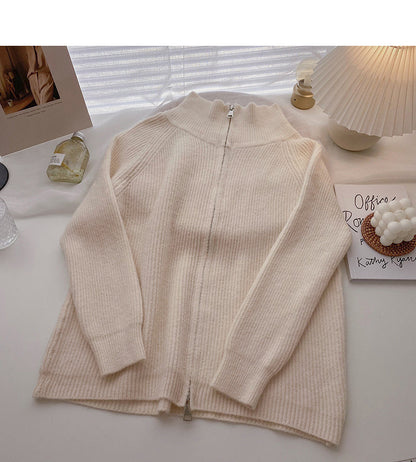 Lazy loose zipper half high neck long sleeve top  5884