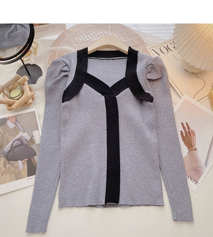 French square neck contrast thin long sleeve sweater  6625