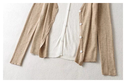 V-neck breasted color contrast fake two slim knit Cardigans  7471