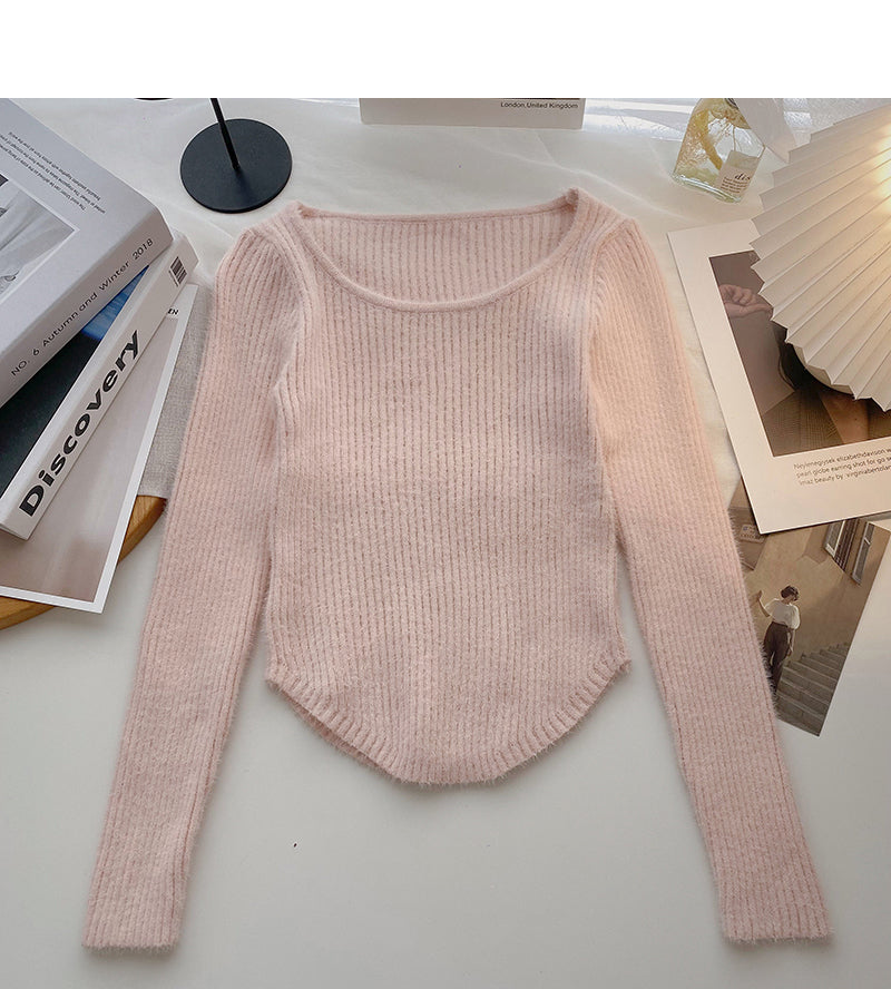 Design sense knitwear short irregular long sleeve top  6614