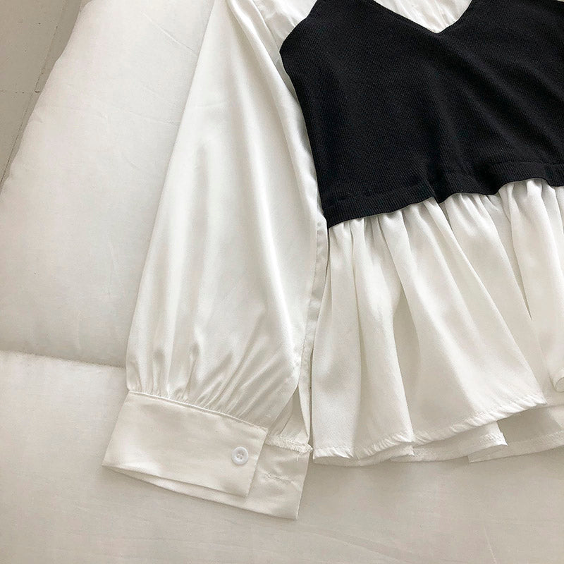 Women's black suspender stitched with white fake two-piece shirt  6247