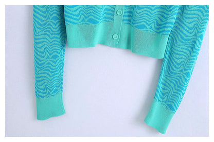 New French retro V-neck jacquard knitted cardigan coat  7238