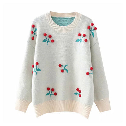 Three dimensional flower round neck Pullover knitted sweater lazy loose top  7388