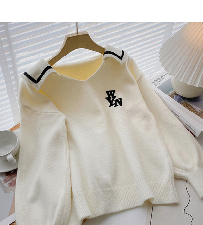 Design personalized letter print contrast Navy collar long sleeve top  6012