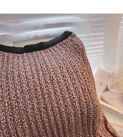Hong Kong style retro leopard print thin pleated A-line skirt  5744