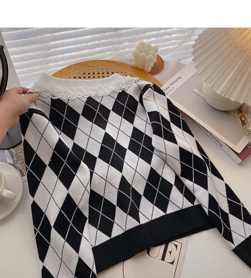 Lace doll neck slim Vintage plaid sweater  6466