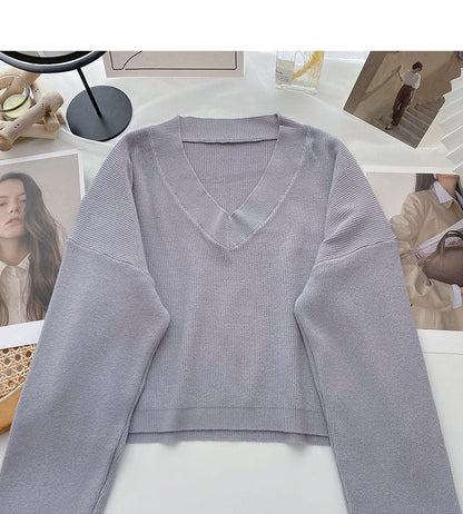 Lazy knit sweater solid V-neck Pullover Top  6677