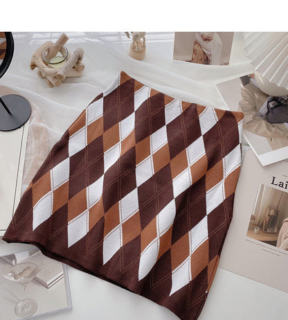 Retro lazy contrast color rhombic lattice Thin High Waist Hip Wrap Skirt  5569