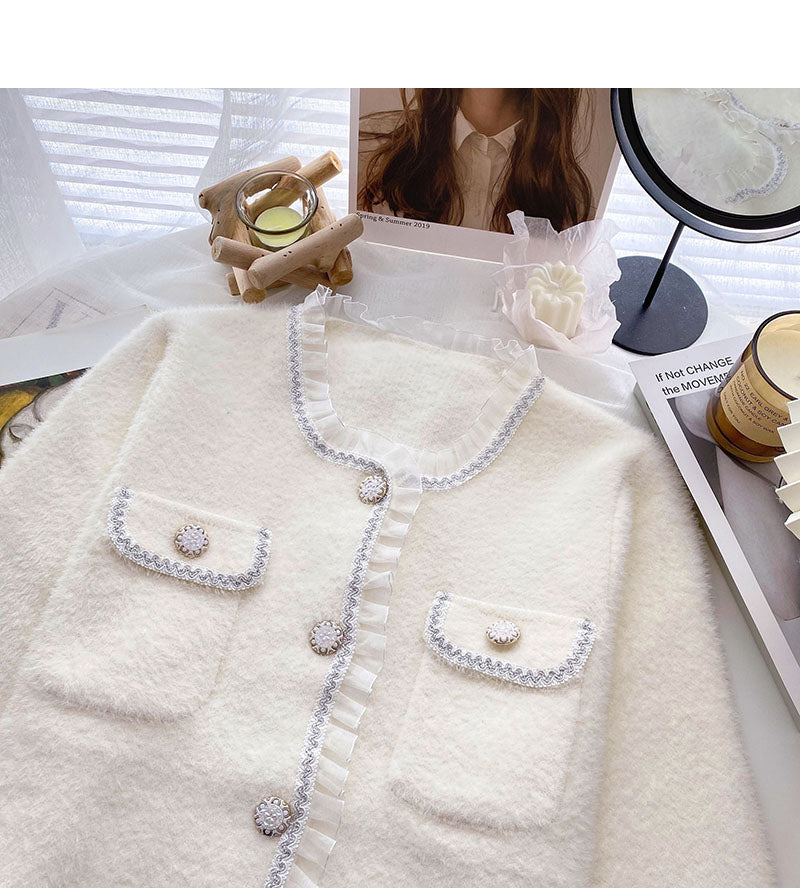 French Style Lace Edge round neck long sleeve top  6123
