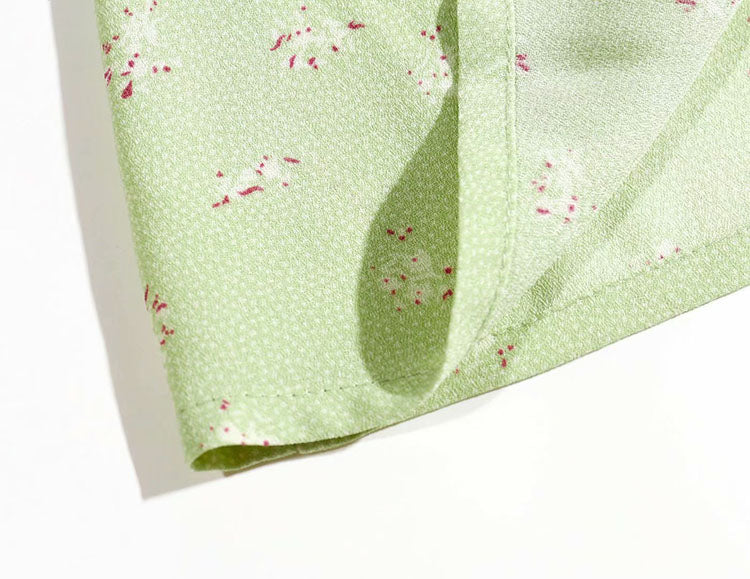 V-neck single breasted slim fit green floral bow cuffs long women's dress  7062