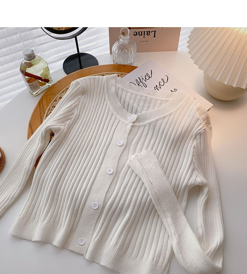 Korean version thin long sleeve round neck versatile thread solid color knitted cardigan  6550