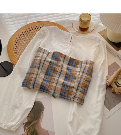 Plaid stitched shirt drawstring fake two tops  6378