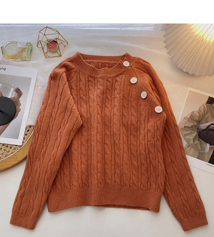 Personalized diagonal button round neck Pullover Top  6108