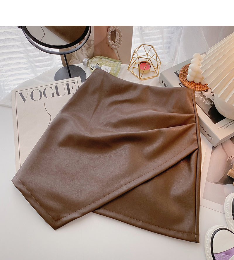 Irregular PU leather high waist wrap hip slim fashion skirt  5576