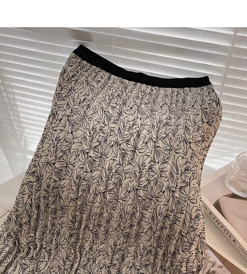 Hong Kong style retro printed leaf A-shaped medium length skirt  5739