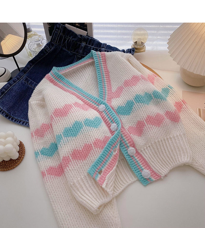 Little fresh girl color contrast love short long sleeve Knitted Top  5855