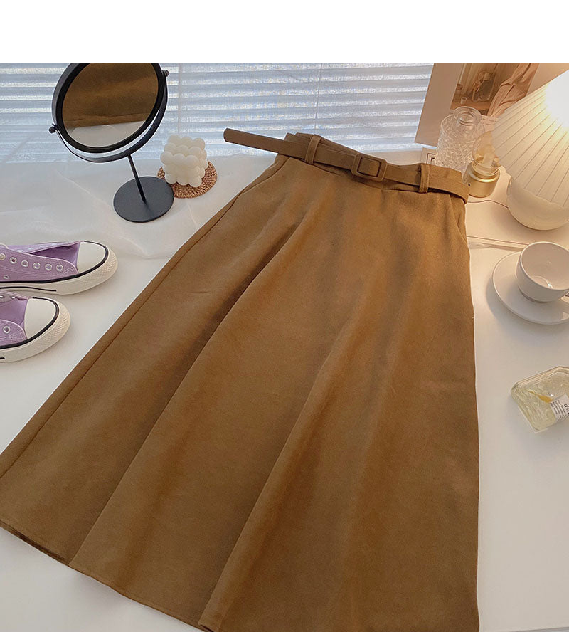 Design sense of minority foreign style high waist mid length skirt with belt  5727