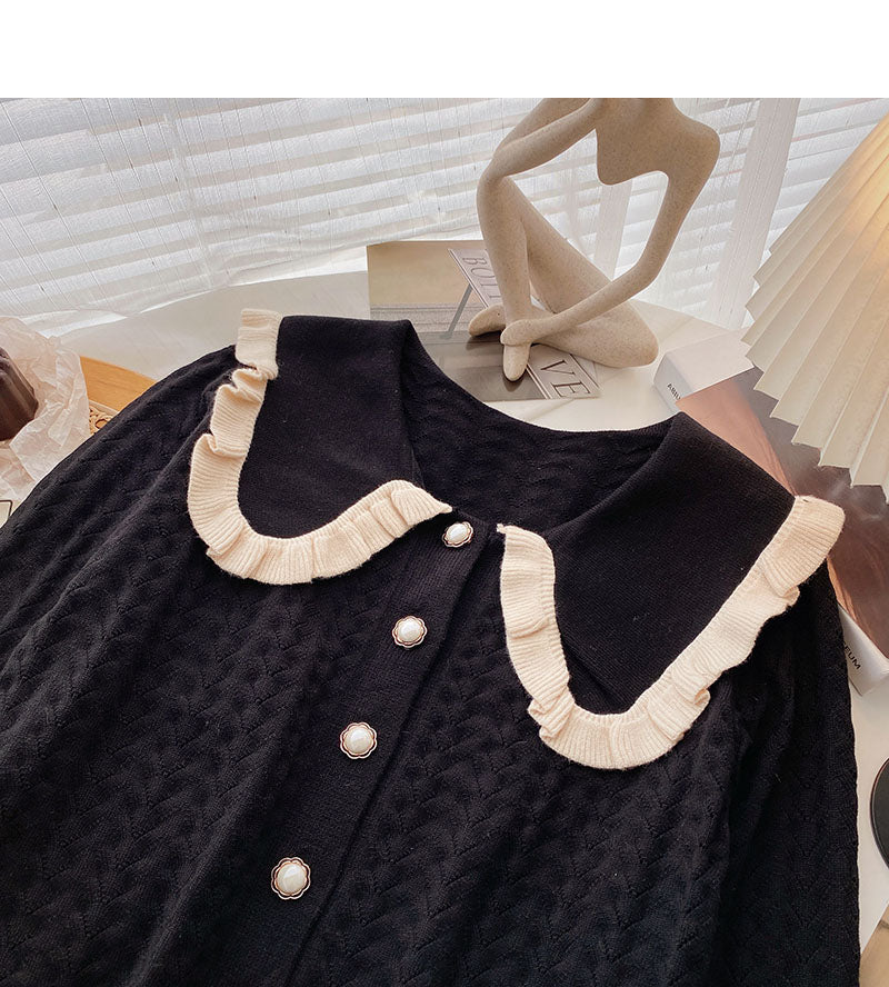 Sweet contrast lace doll Neck Long Sleeve Top  6113