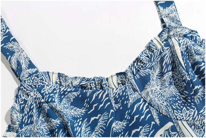 Vintage sexy V-neck open collarbone print split dress  7135