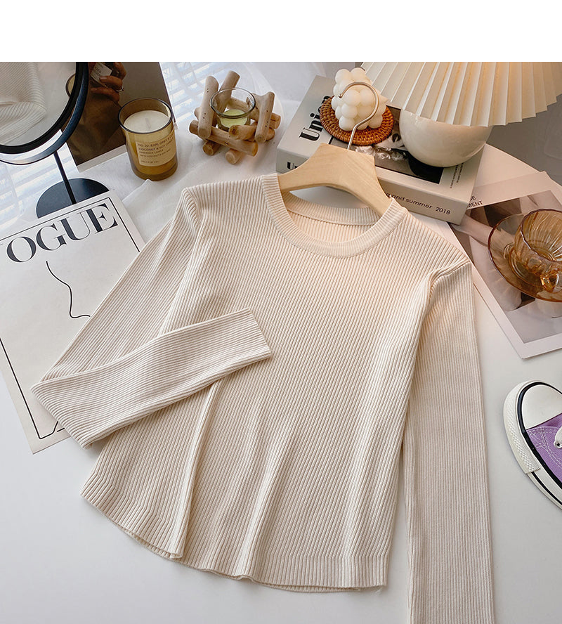 Knit bottomed shirt slim fit short versatile casual long sleeve top  6619
