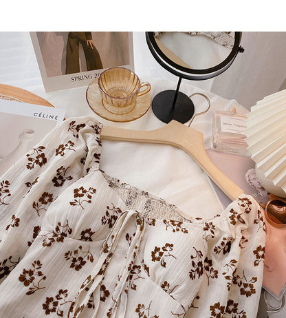 Design sense floral shirt square neck lace up long sleeve top  6436