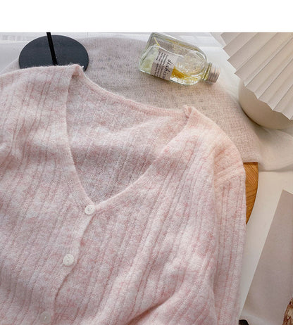 Korean small short long sleeve V-neck knitted cardigan  6493