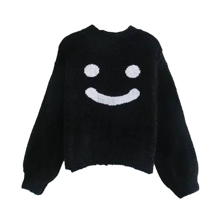 V-neck Lantern Sleeve Button back smiling face loose knit coat  7483
